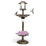 GOPLUS Vogeltränke, Vogelbad mit Solarbetriebenen LED-Leuchten, Blumentopf, Vogelfutterhaus, Futterspender, befüllbarem Ständer & 3 Pfählen, Vogelhotel Vogelfutterhaus für Garten & Hinterhof (Bronze)