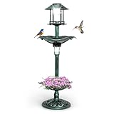 GOPLUS Vogeltränke stehend, Vogelbad mit Solar Leuchten, multifunktionales Bird Bath mit Blumentopf, Vogelfutterhaus, Futterspender, befüllbarem Ständer & 3 Pfählen, für Wildvögel & Vögel (Grün)