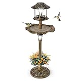 COSTWAY Vogeltränke mit Solarleuchte, Blumentopf, Vogelfutterhaus & befüllbarem Ständer, Vogelfutterstation Retro, Futterspender Vogelfutterspender, Wildvögel Vogelbad Garten, Ø43x110cm (Bronze)