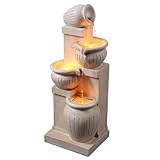 Teamson Home Garten Outdoor Brunnen Solar 4-stufiger Kaskaden-Schalenbrunnen mit LED-Lichtern, natürliche Steinoptik, umweltfreundliches Design