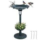 GOPLUS Vogeltränke stehend, Vogelbad Winterfest mit Solar Licht & Blumentopf, Vogelbrunnen Retro, Garten Tränke Bad für Wildvögel, Wassertränke für Vögel, Bird Bath für Terrasse & Rasen (Bronze)