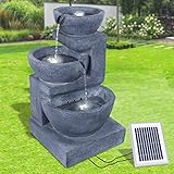 Solar Gartenbrunnen Brunnen Solarbrunnen Zierbrunnen Wasserfall Gartenleuchte Teichpumpe für Terrasse, Balkon (Granitschalen-Kaskade-5 mit LED Light)