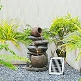 Bumilgar Solarbrunnen für Draussen,4 Stufen Stapelbare Krug Springbrunnen Solar Gartenbrunnen Wasserspiel Wasserfall Solarbetrieben außen mit LED Licht Deko Garten, 56x28x22.8 cm