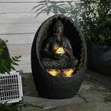 Solar Buddha Springbrunnen mit LED-Lotus-Funktion für Zen-Meditation – Innen- und Außendekoration (Wohnbereich，Büro，Garten, Terrasse, Wohnzimmer) – 40x32.5x27cm Black
