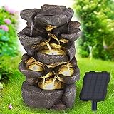 Solar Gartenbrunnen Brunnen Solarbrunnen Zierbrunnen Wasserfall Gartenleuchte Teichpumpe für Terrasse, Balkon, mit Pumpen-instant-Start-Funktion mit Liion-Akku & Led-Licht (FELS-ZAUBER)