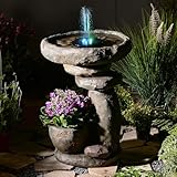 Bumilgar 70CM Solarbrunnen für draußen mit LED-Licht, Vogeltränke und Pflanzschale im natürlichen Felsdesign aus robustem Kunstharz – geeignet für Garten, Terrasse und Hinterhof, Grau