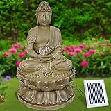 Gartenbrunnen Solarbrunnen Brunnen Buddha-Eternity Vogelbad Wasserfall, Gartendeko mit Pumpe, Wasserspiel für Garten Terrasse, Balkon, Sehr Dekorativ, Led-Licht-Gartenleuchte