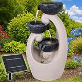Solar Gartenbrunnen Brunnen Solarbrunnen Zierbrunnen Wasserfall Gartenleuchte Teichpumpe Basalt-Kaskade für Terrasse, Balkon, mit Li-Ion-Akku & LED Licht (27,5 x 21,5 x 47 cm, 1, Stück)