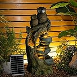 Solar Springbrunnen Außen Eulen, 4 - Stufen Gartenbrunnen Kaskade Zimmerbrunnen mit LED - Beleuchtung, Gartenbrunnen für Balkon, Terrasse, Drinnen & Draußen, Gartendekoration, 87 cm