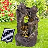 Solar Gartenbrunnen Brunnen Solarbrunnen Zierbrunnen Wasserfall Gartenleuchte Teichpumpe für Terrasse, Balkon, mit Pumpen, mit Liion-Akku & Led-Licht (Wald-GEFLÜSTER)