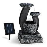 blumfeldt Fantaghiro Zierbrunnen mit Wasserspiel - Gartenbrunnen, 3 Ebenen, integrierte Beleuchtung, 3 W Solarpanel, unabhängig vom Stromnetz Dank Akku, Polyresin, Naturstein-Optik, schwarz