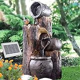 Solar Gartenbrunnen Brunnen Solarbrunnen Zierbrunnen Wasserfall Gartenleuchte Teichpumpe für Terrasse, Balkon, verbessertes Modell mit Pumpen-instant-Start-Funktion mit Liion-Akku & Led-Licht (V001)