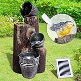 Gartenbrunnen Solarbrunnen Brunnen Vogelbad Wasserfall, Gartendeko mit Pumpe, Wasserspiel für Garten Terrasse, Balkon, Sehr Dekorativ, Led-Licht-Gartenleuchte